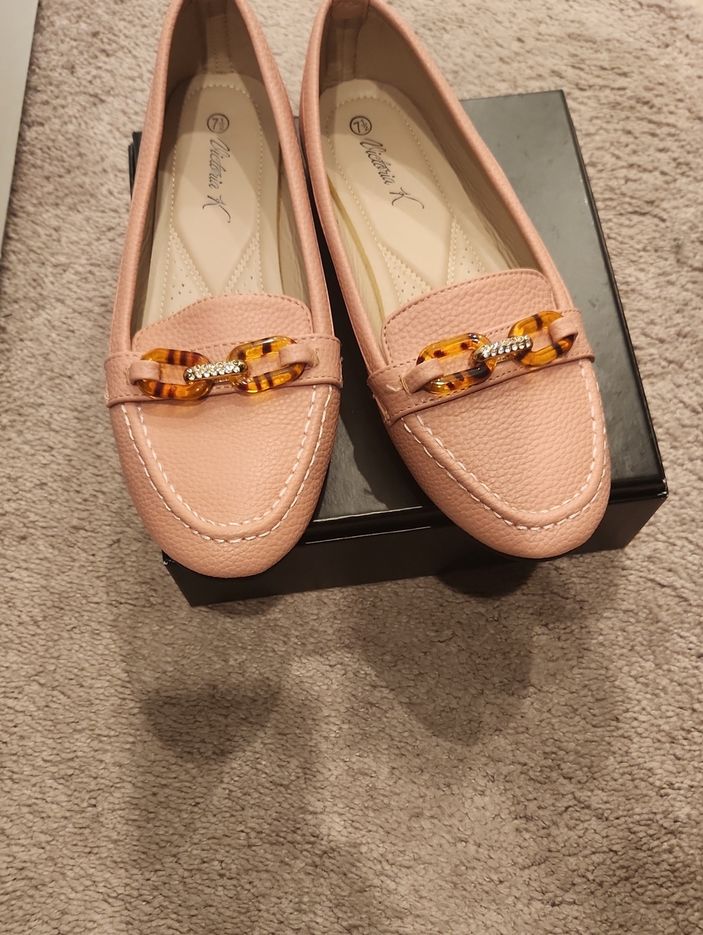 Victoria K Pink Pebbled Loafers with Tortoiseshell Chain